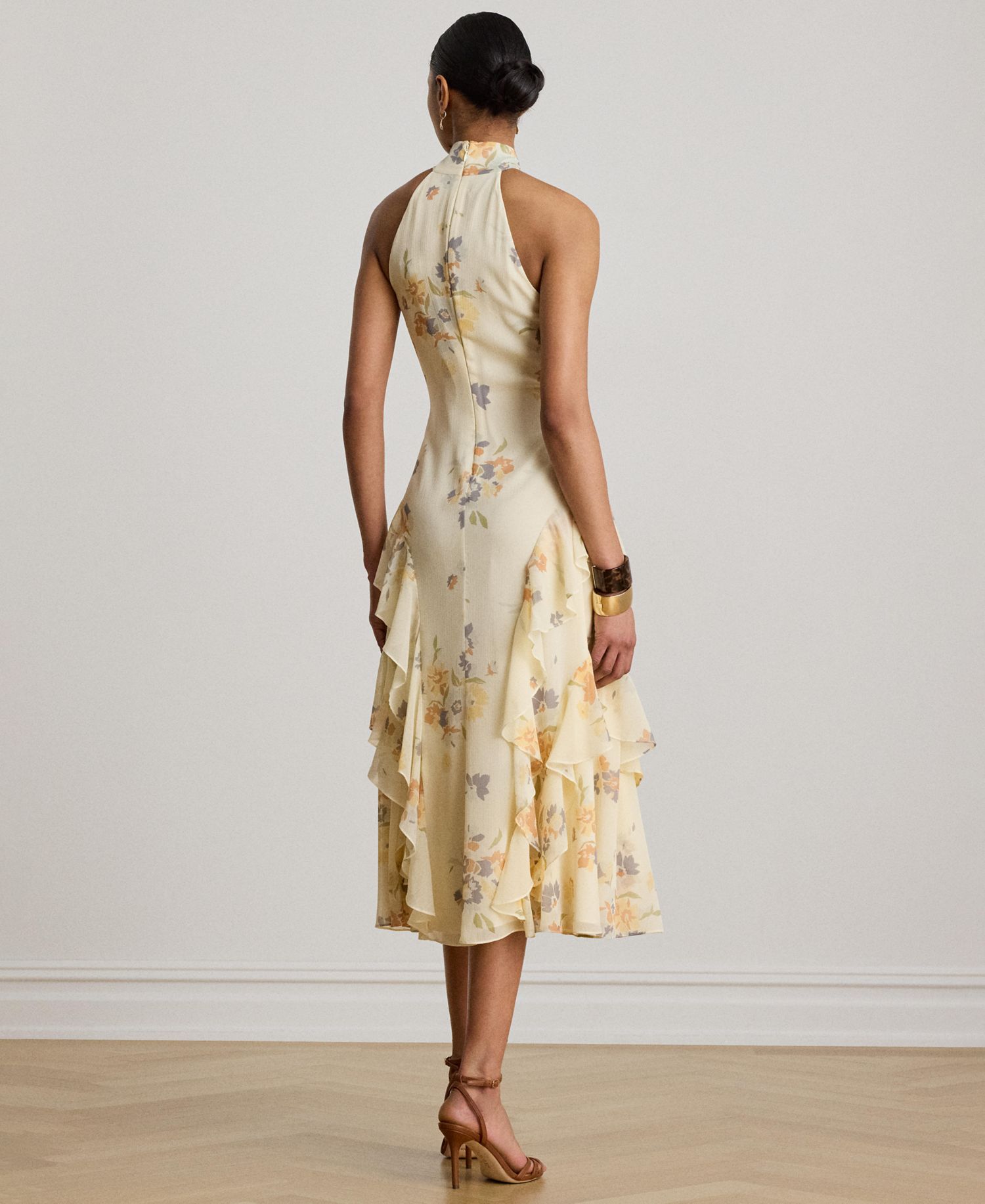 Floral Ruffle-Trim Halter Cocktail Dress