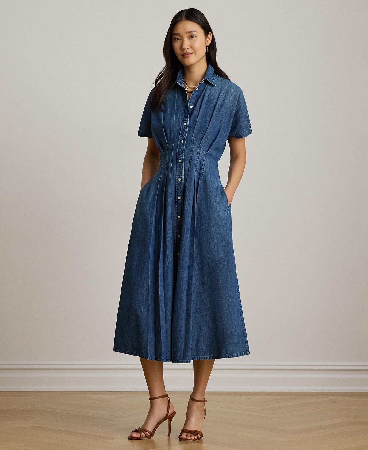 Lauren Ralph Lauren Women's Point Collar Pleated Denim Shirt-Dress view 3 — MAYCSS fashion products