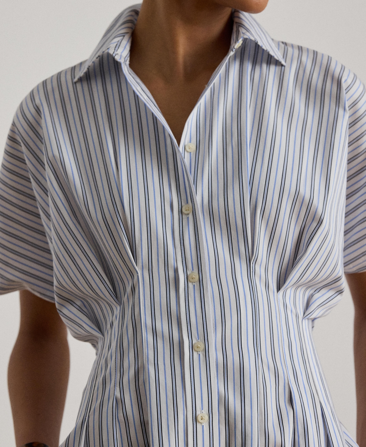 Lauren Ralph Women's Point Collar Striped Pleated Broadcloth Shirt Dress