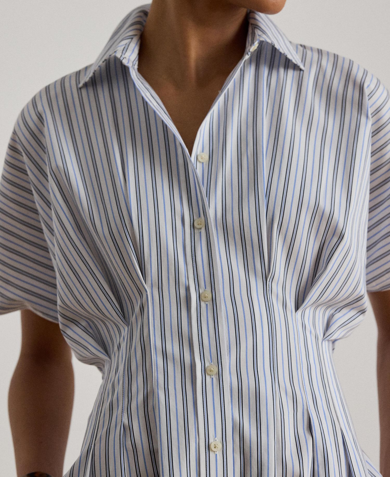 Women's Point Collar Striped Pleated Broadcloth Shirt-Dress