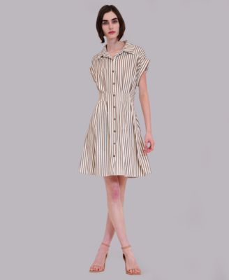 Women's Stripe Collared Neck Mini Shirt-Dress