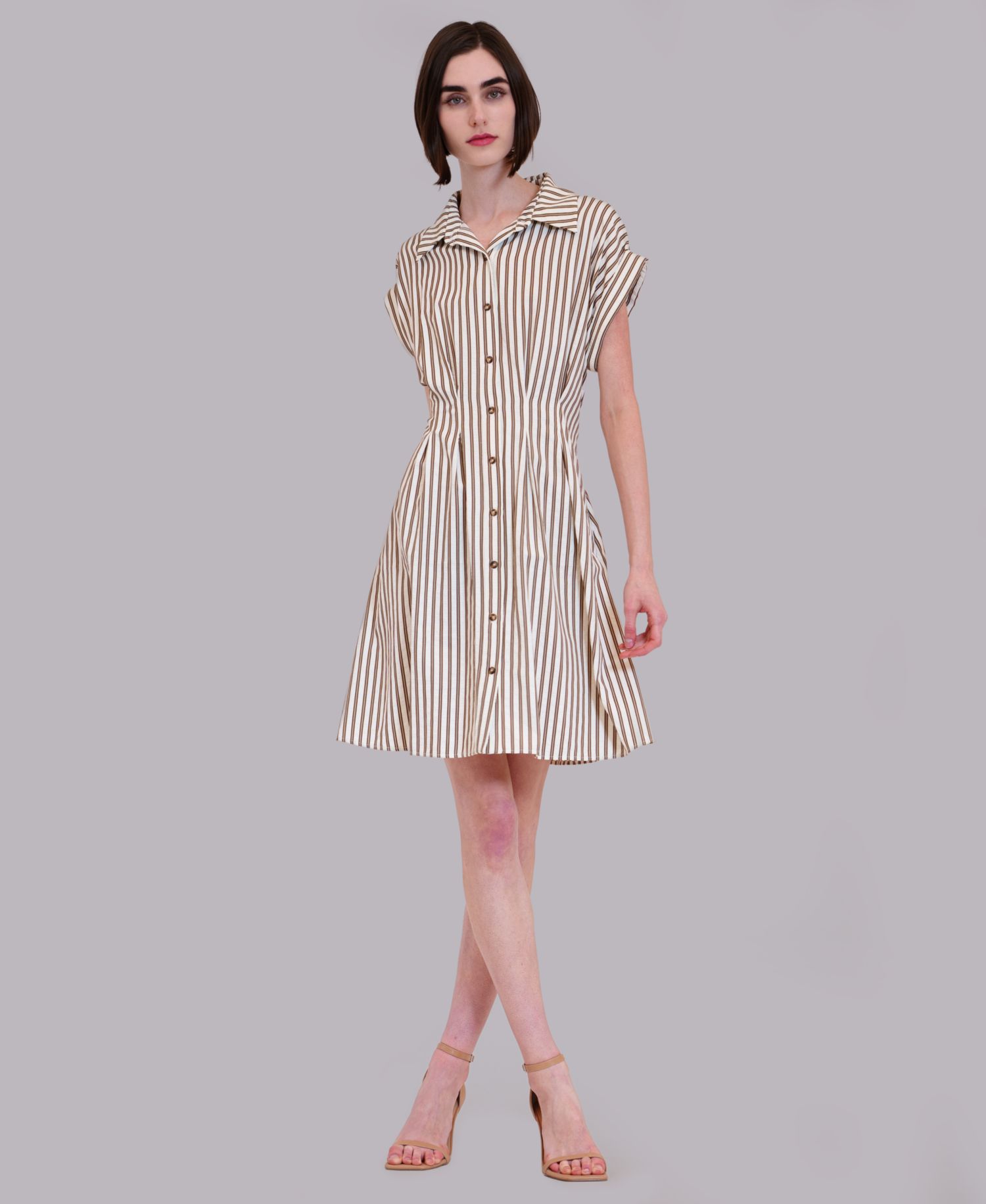 Women's Stripe Collared Neck Mini Shirt-Dress