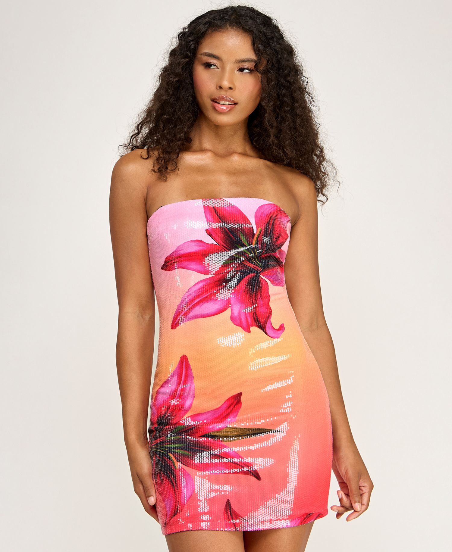 Women's Tropical Floral Sequin Strapless Mini Dress