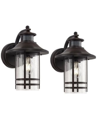 Habitat Rustic Industrial Outdoor Wall Light Fixtures Set of 2 Bronze Dusk to Dawn Motion Sensor 11  Seedy Glass for Exterior