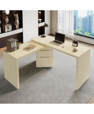 90" Modern L-Shape Wood Desk with 3 Drawers and Rotating Top