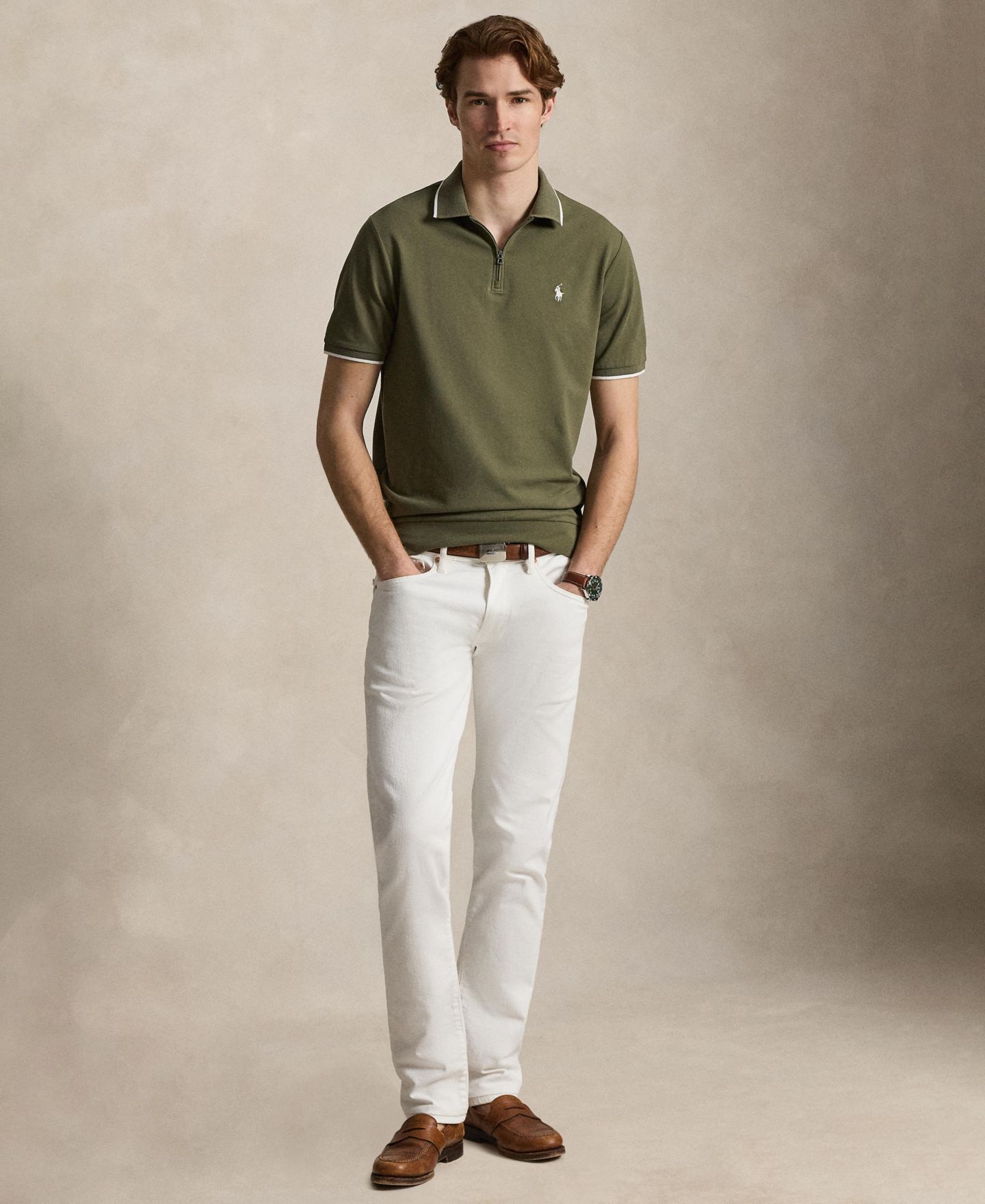 Мужское поло Polo Ralph Lauren Classic-Fit Stretch Mesh Zip Polo Shirt, цвет: Оливковый — фото 2