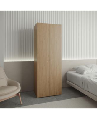 Home 2 Doors Closet System Armoire Hanging Rod Storage Shelf Oak Modern Bedroom Organization Storage 66.9inch High
