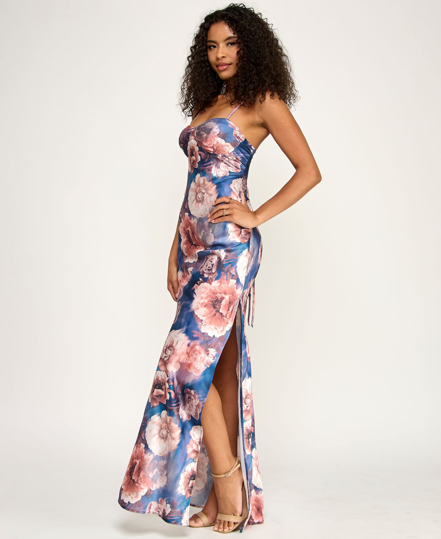 Juniors' Printed Sweetheart Neck Gown