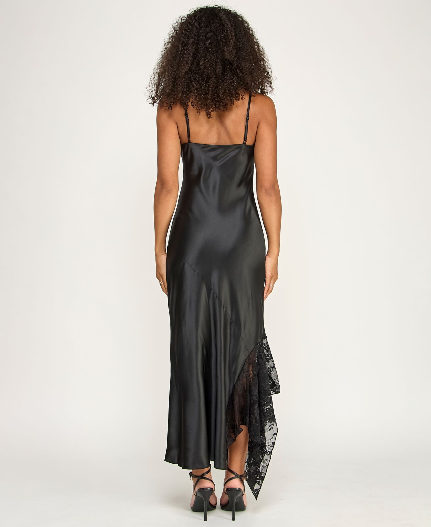 Juniors' Sleeveless V-Neck Satin and Lace Slip Dress