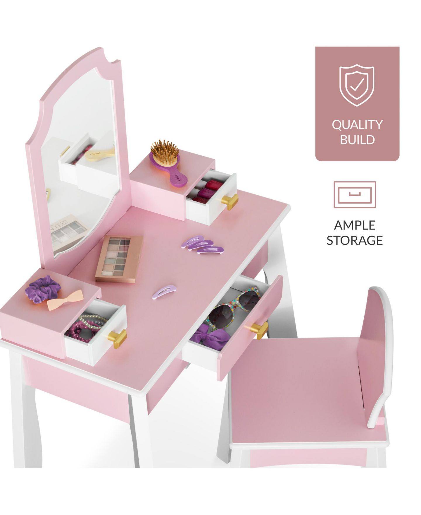 Детские игрушки Best Choice Products Wooden Vanity with Mirror and Drawers, 2-Piece Set, от 3 лет, цвет: Розовый — фото 6