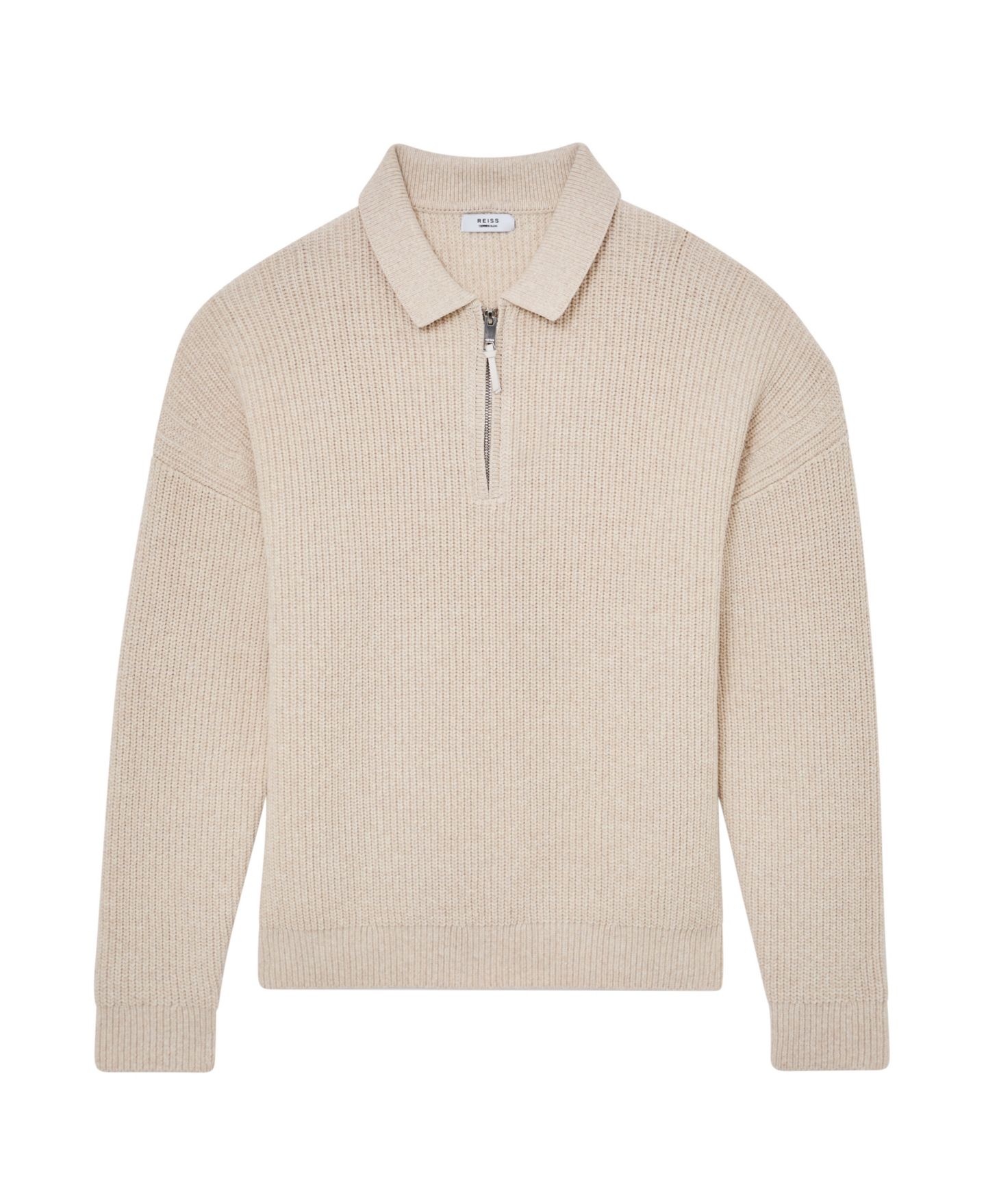 Мужской свитер REISS Prop Cotton-Blend Rib Half-Zip Polo Sweater, цвет: Овсяный меланжевый — фото 6