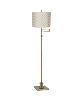 Swing Arm Floor Lamp Adjustable Height 70" Tall Antique Brass Off Embroidered Hourglass Fabric Drum Shade Living Room