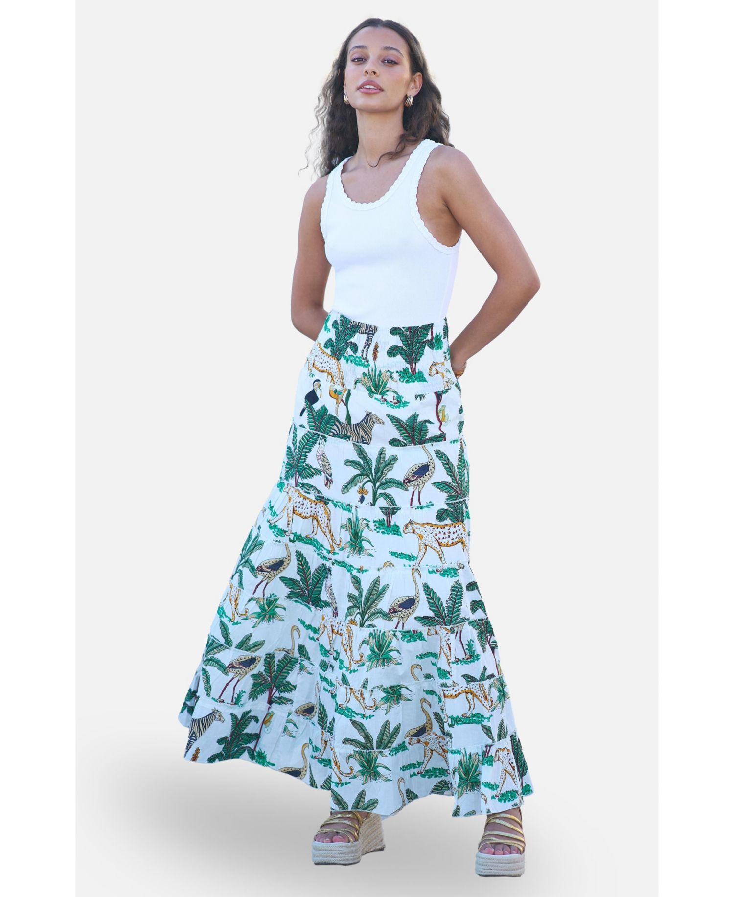 Women's Animal Print Cotton Tiered Maxi Skirt