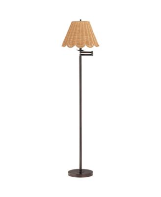 Cottage 60 1/2" Tall Standing Floor Lamp Swing Arm Adjustable Metal Bronze Finish Natural Rattan Shade