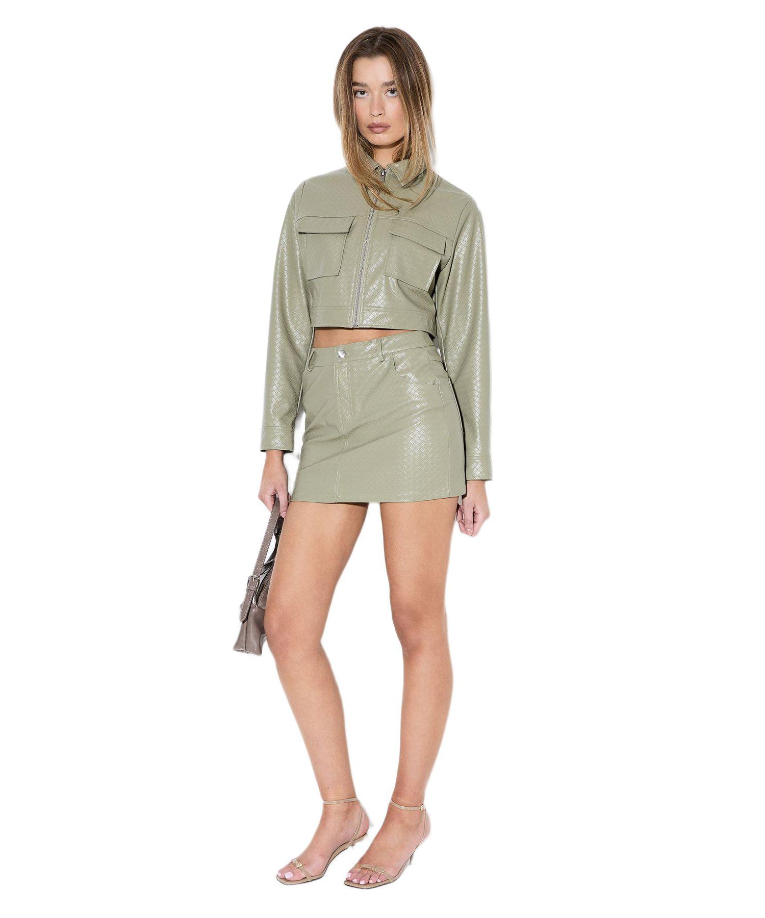 Women's Woven Detail Faux Leather Jacket