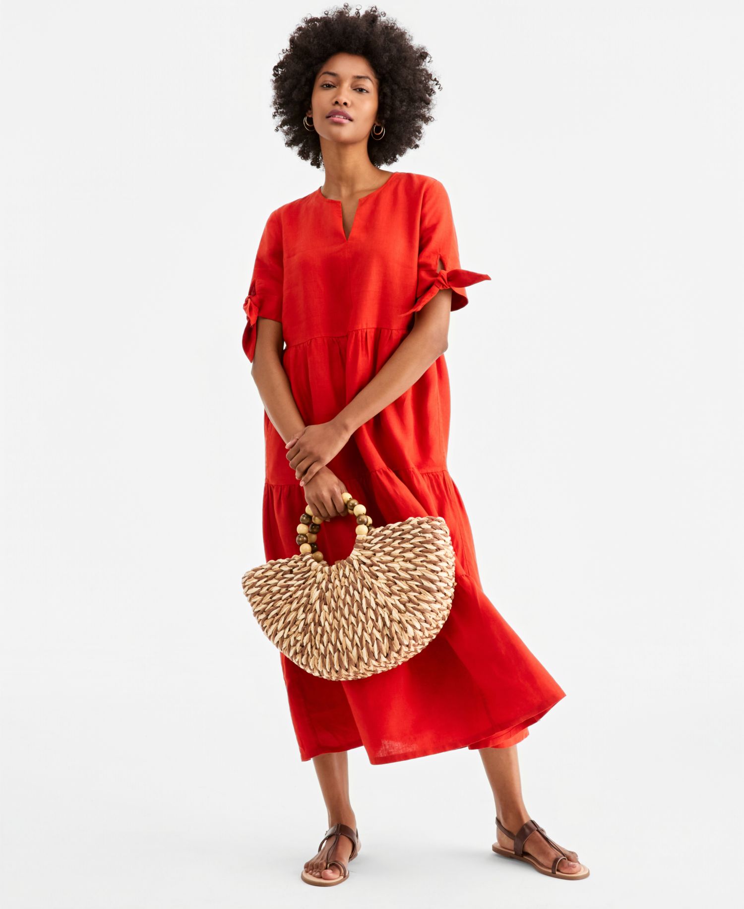 Women's 100% Linen Tie-Sleeve Tiered Midi Dress