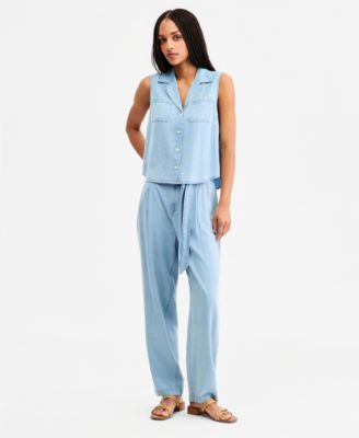 Women's Chambray Collared Sleeveless Shirt & Tapered Pants