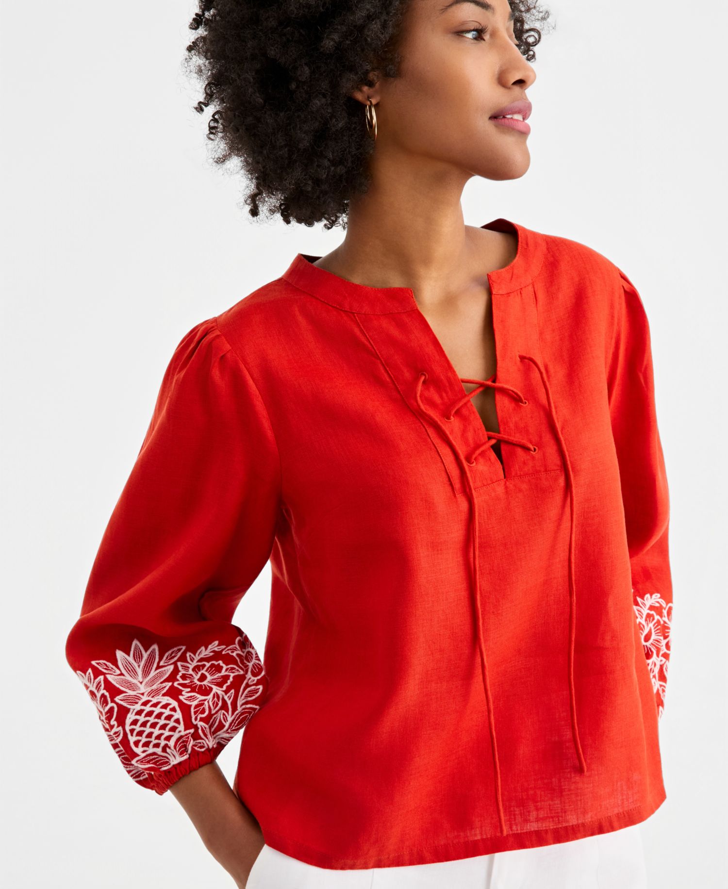 Women's Embroidered Blouson-Sleeve 100% Linen Blouse