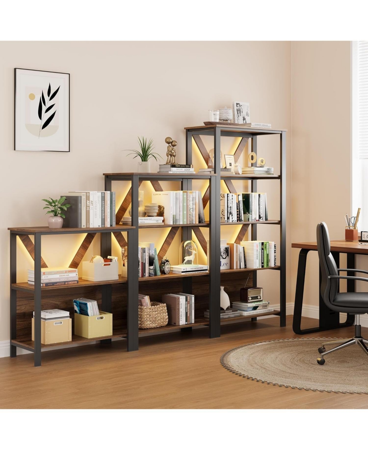 gaomon 3-Tier Industrial Rustic Bookcase with Led Lights and Metal Frame