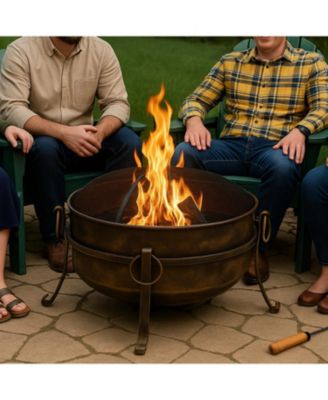 Outdoor Camping or Backyard Round Cauldron Fire Pit with Spark Screen, Log Poker, and Metal Wood Grate