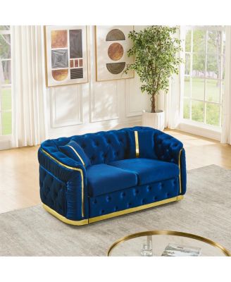 Mid Century Modern Chesterfield Loveseat Couch, Velvet Blue & Gold Tufted Sofa