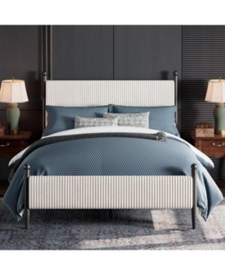 Queen Upholstered Bed Frame with Velvet Headboard, Corduroy Platform, Wood Slats Support