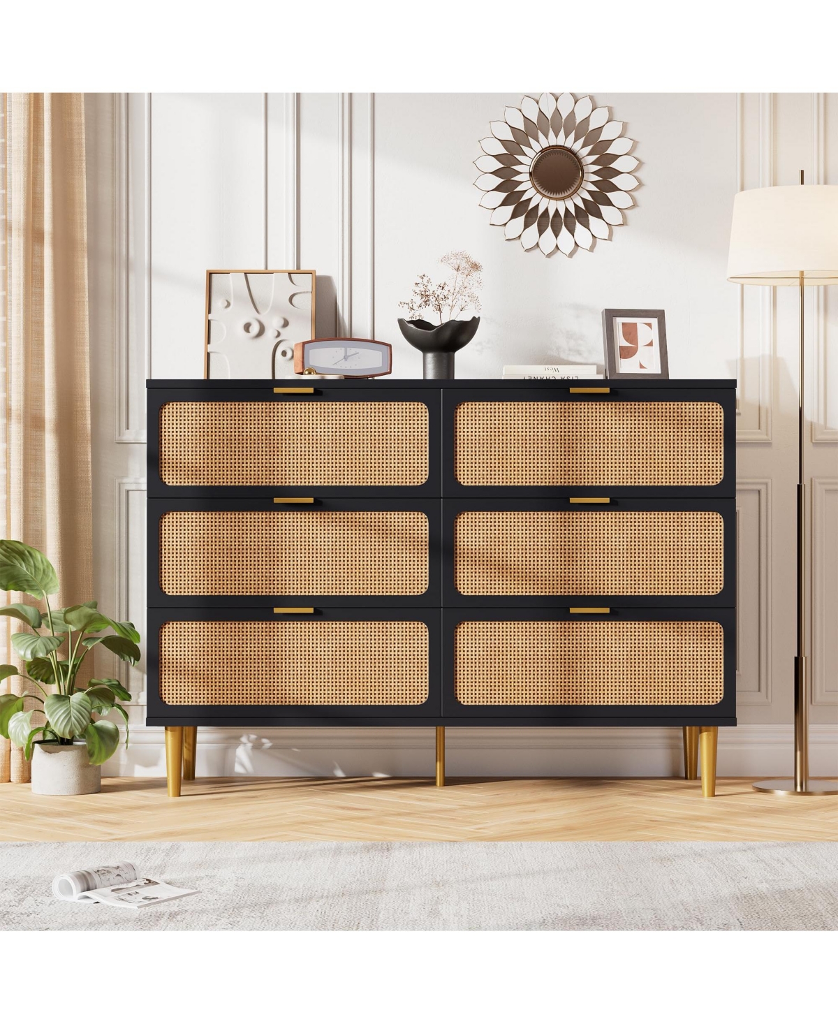gaomon Rattan 6 Drawer Dressers for Bedroom, Large Double Dresser with Deep Drawers, Chest of Drawers for Closet with Wide Top - Black