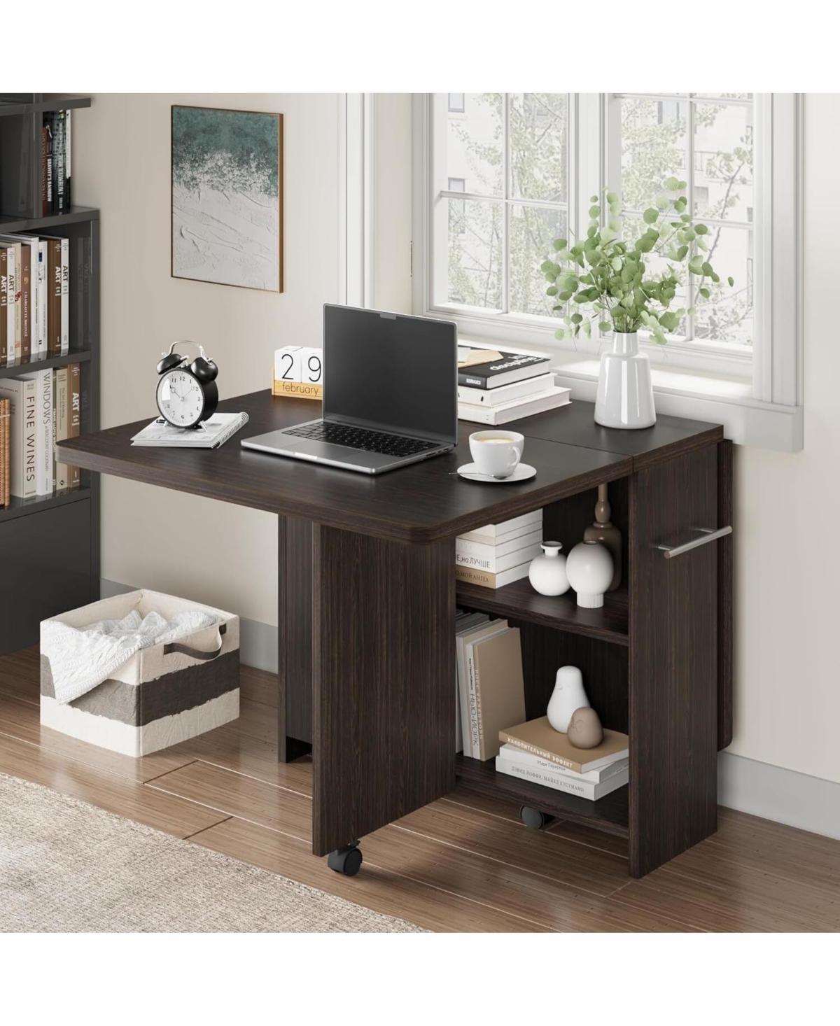 gaomon Folding 4-Person Farmhouse Dining Table with Storage and Wheels