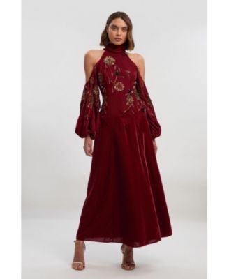 Women's Embroidered High Neck Maxi Dress