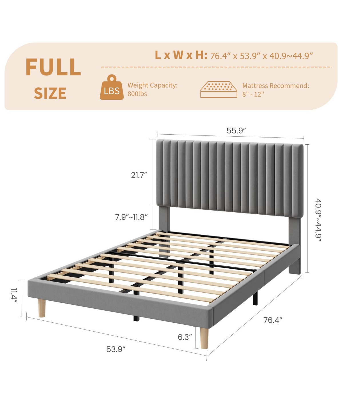 Homfan Velvet Bed Frame, Vertical Channel Tufted Headboard, Height Adjustable