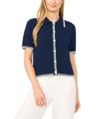 Women's Pointelle Short-Sleeve Collared Cotton Cardigan