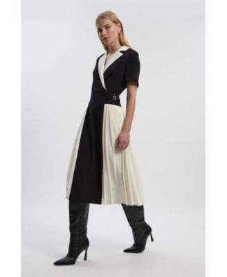 Women's Tailored Crepe Pleated Midi Shirt Dress