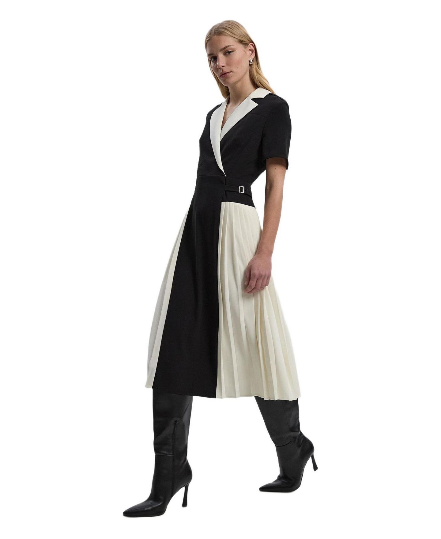 Женское платье Karen Millen Tailored Crepe Pleated Midi Shirt Dress, цвет: Mono — фото 1