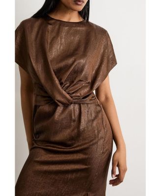 Women's Leather Look Twist Front Midi Dress