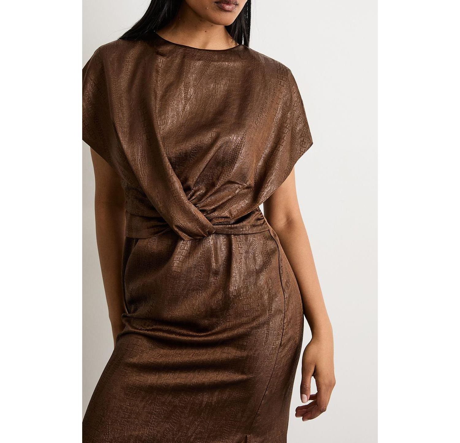Women's Leather Look Twist Front Midi Dress