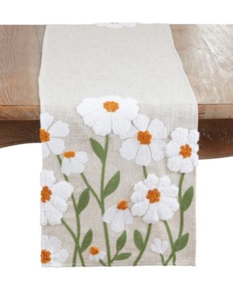 Embroidered Linen Blend Floral Table Runner, 14" x 72"