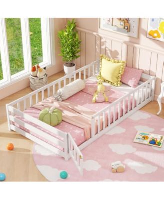 Twin Size Kids Montessori Floor Bed with Lockable Door and Fence Guardrails