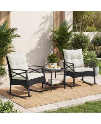 3-Piece Rattan Rocking Chair Set with Tiered Side Table
