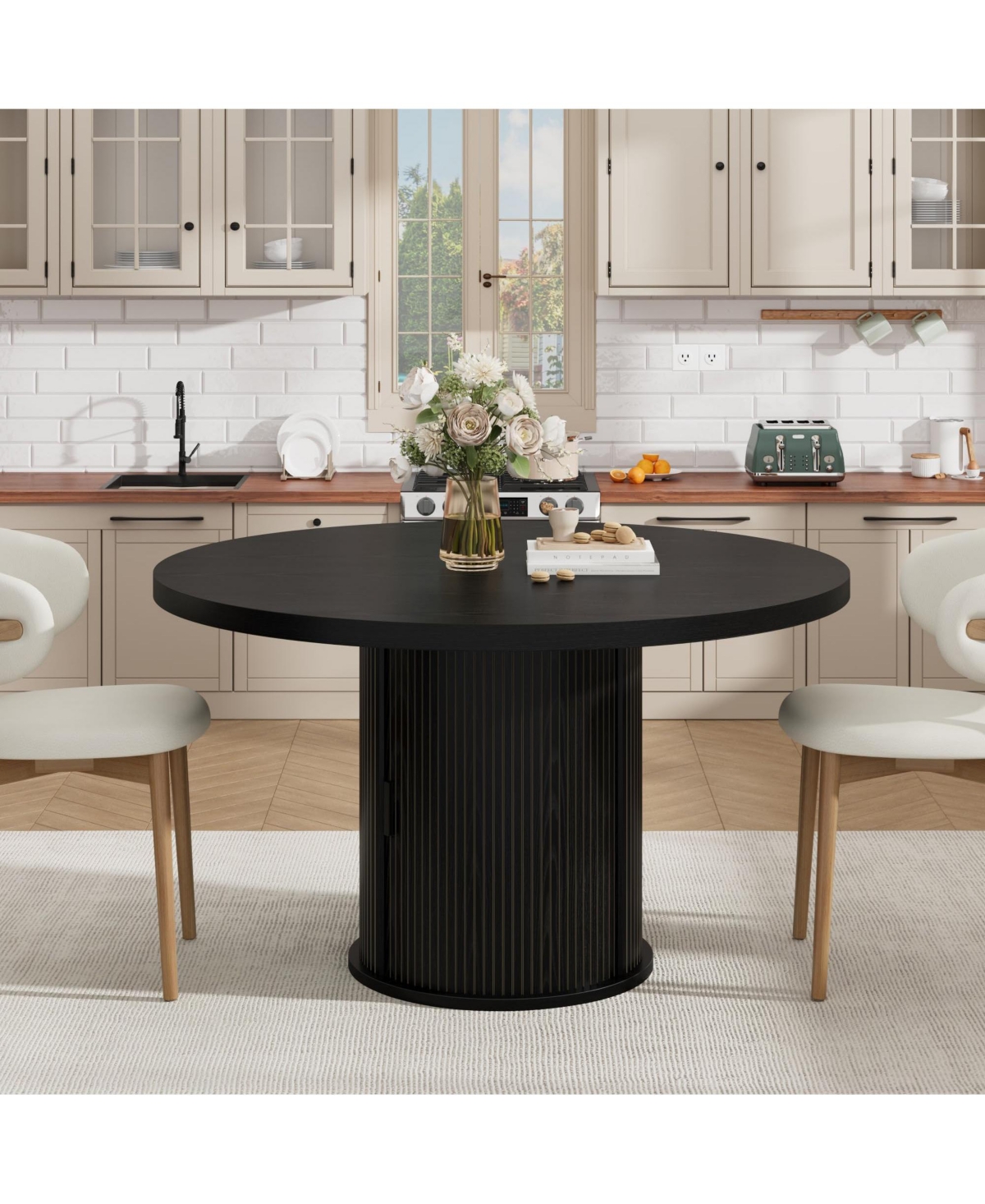 gaomon Round Dining Table, Kitchen Table with 3-Layer Storage Shelf and a Drawer, Farmhouse Dinner Table