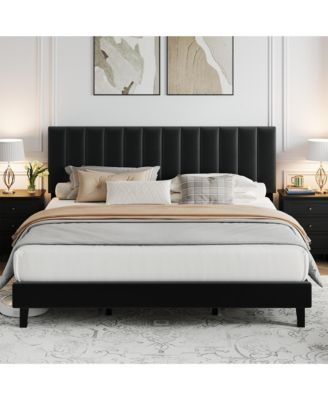 Upholstered Platform Bed Frame with Adjustable Height Vertical Channel Tufted Headboard, Sturdy Wooden Slats, Noise-Free