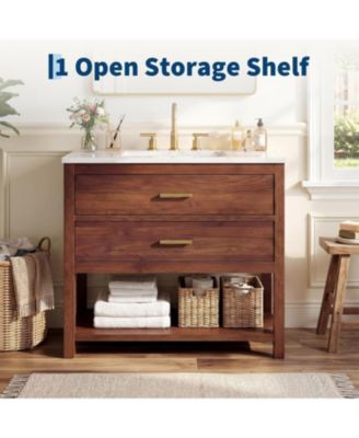 36" Modern Bathroom Vanity with Sink, Ceramic Integral Basin, 2 Soft-Close Drawers and Open Shelf, Space-Saving Bathroom Cabinet Solution