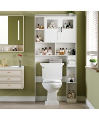 Space-Saving Over Toilet Storage Cabinet -Freestanding Bathroom Cabinet with Glass and Sliding Barn Doors, Adjustable Shelf, Anti-Tip Kit