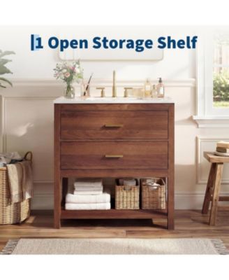 30" Modern Bathroom Cabinet with Sink, Ceramic Integral Basin, 2 Soft-Close Drawers and Open Shelf, Space-Saving Bathroom Storage Solution