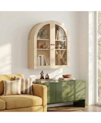 Arched Bathroom Wall Cabinet with Glass Doors and Adjustable Shelves, Wood Over Toilet Storage Organizer for Bathroom and Laundry Room