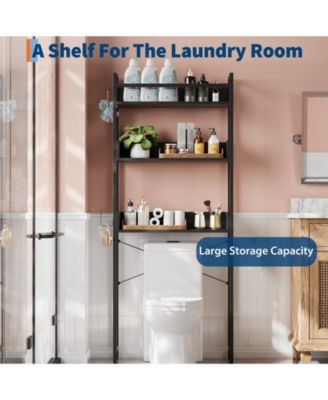 3 Tier Over Toilet Storage Rack with Shelf and Basket, Bathroom Space Saver Organizer with Wood Shelves and Metal Frame for Bath