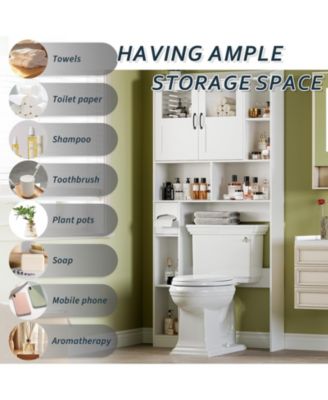 Over Toilet Storage Cabinet with Glass Doors and Adjustable Shelves, 67.4 in Tall Bathroom Organizer for Bath or Laundry