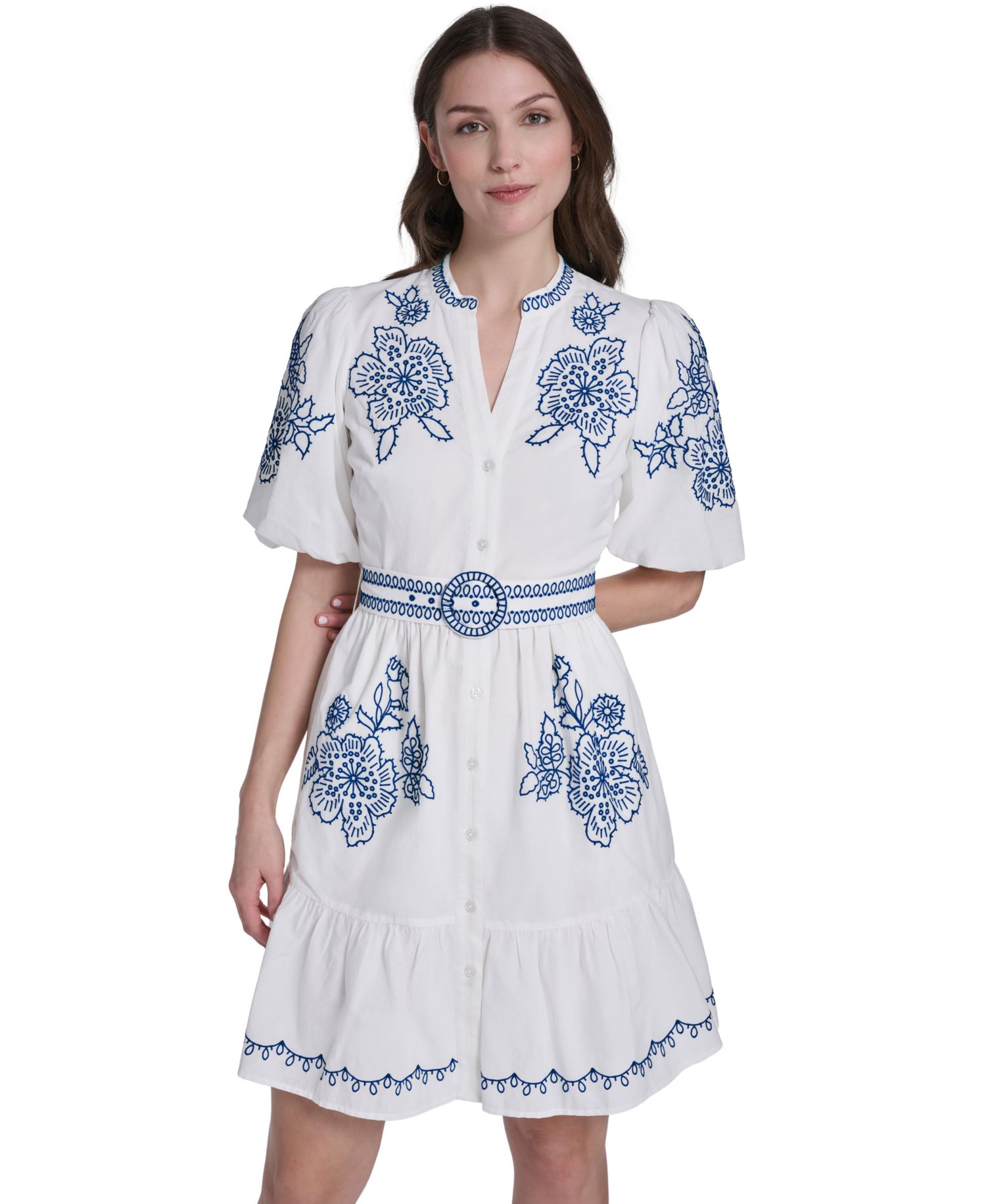 Women's Mandarin Collar Belted Shirt-Dress