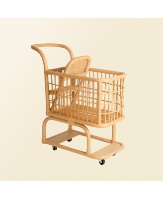 Handcrafted Rattan Kids Shopping Cart with Baby Seat - Wicker