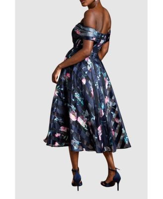 Women's Stripe Organza Pleat Top Midi Dress