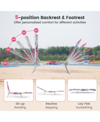 2 Pieces 5-position Lay Flat Beach Recliner with Carry Strap and Metal